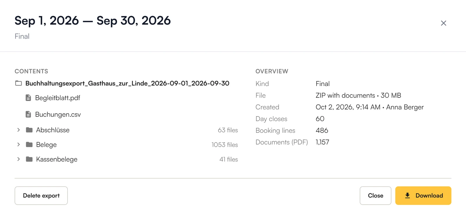 Accounting export for September 2026: contents of the ZIP file