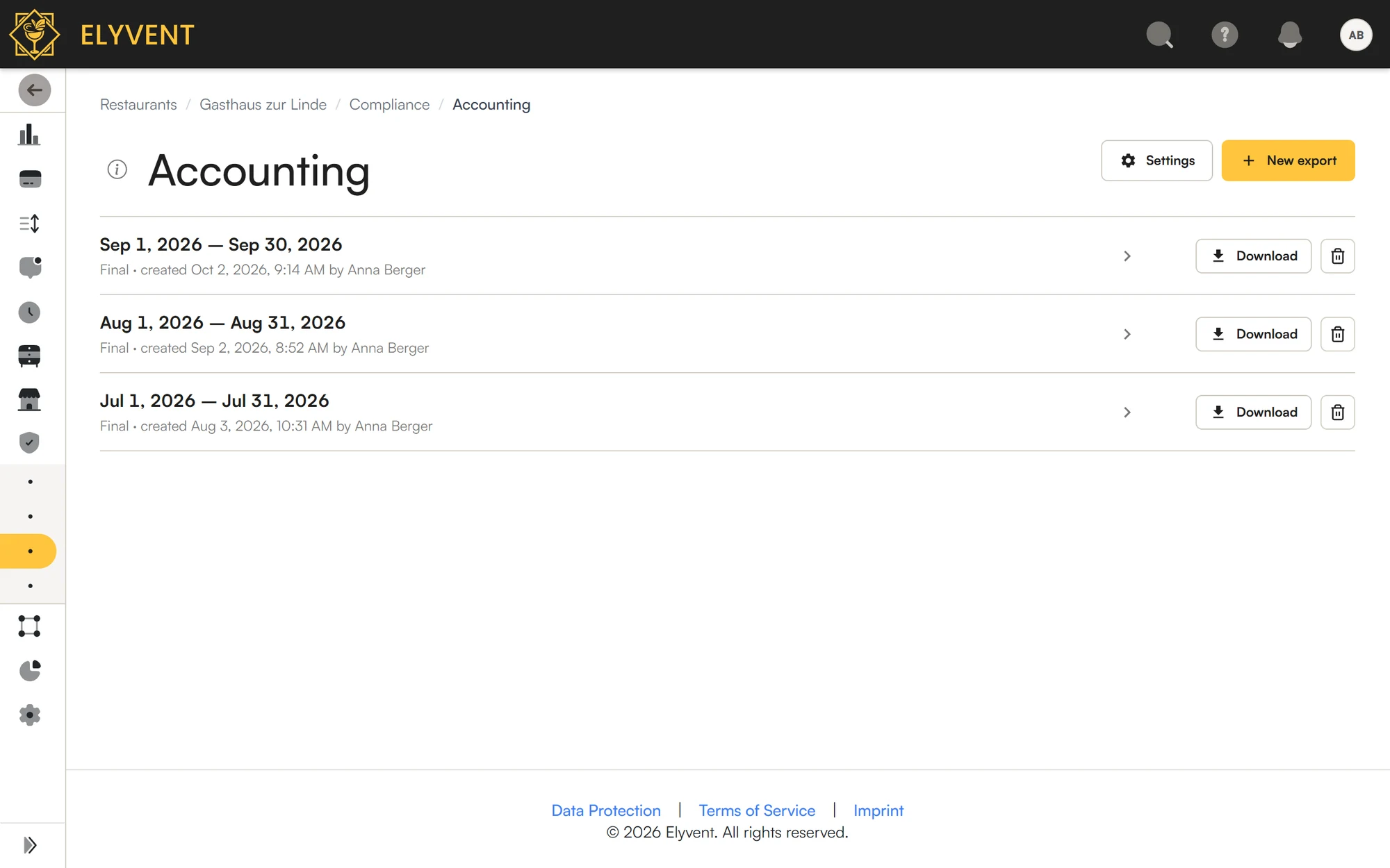 Accounting exports in the Elyvent panel