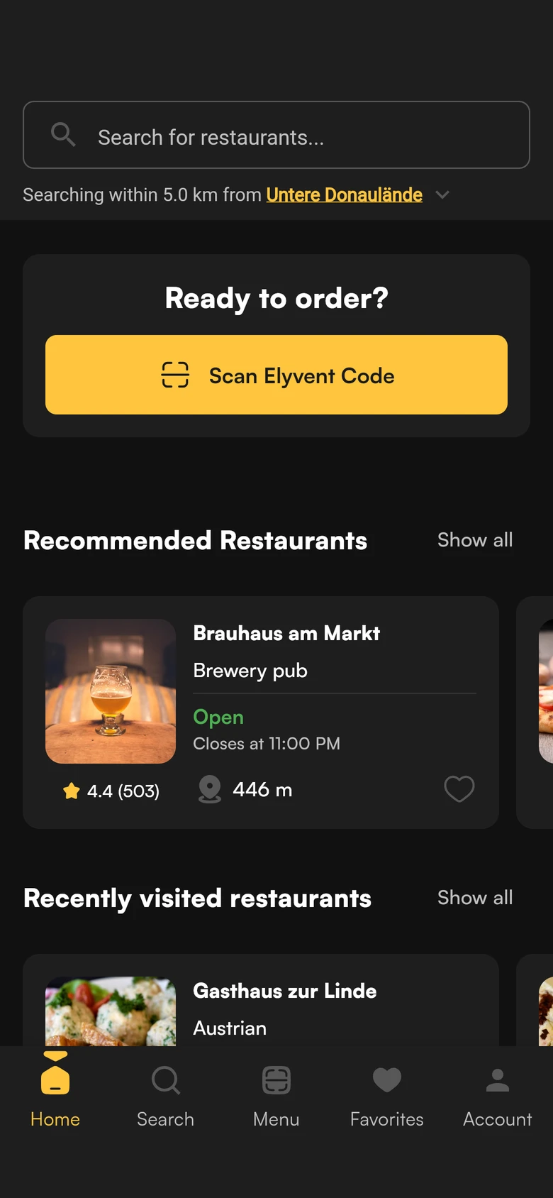 Elyvent app: restaurants nearby