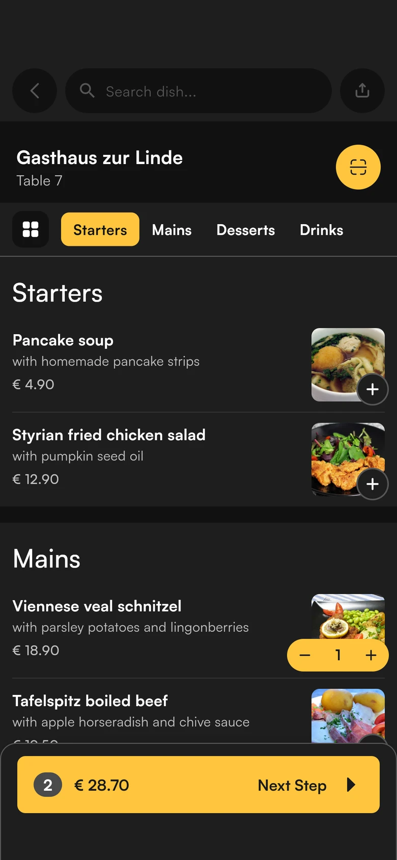 Elyvent guest app: menu at table 7 with two dishes in the cart