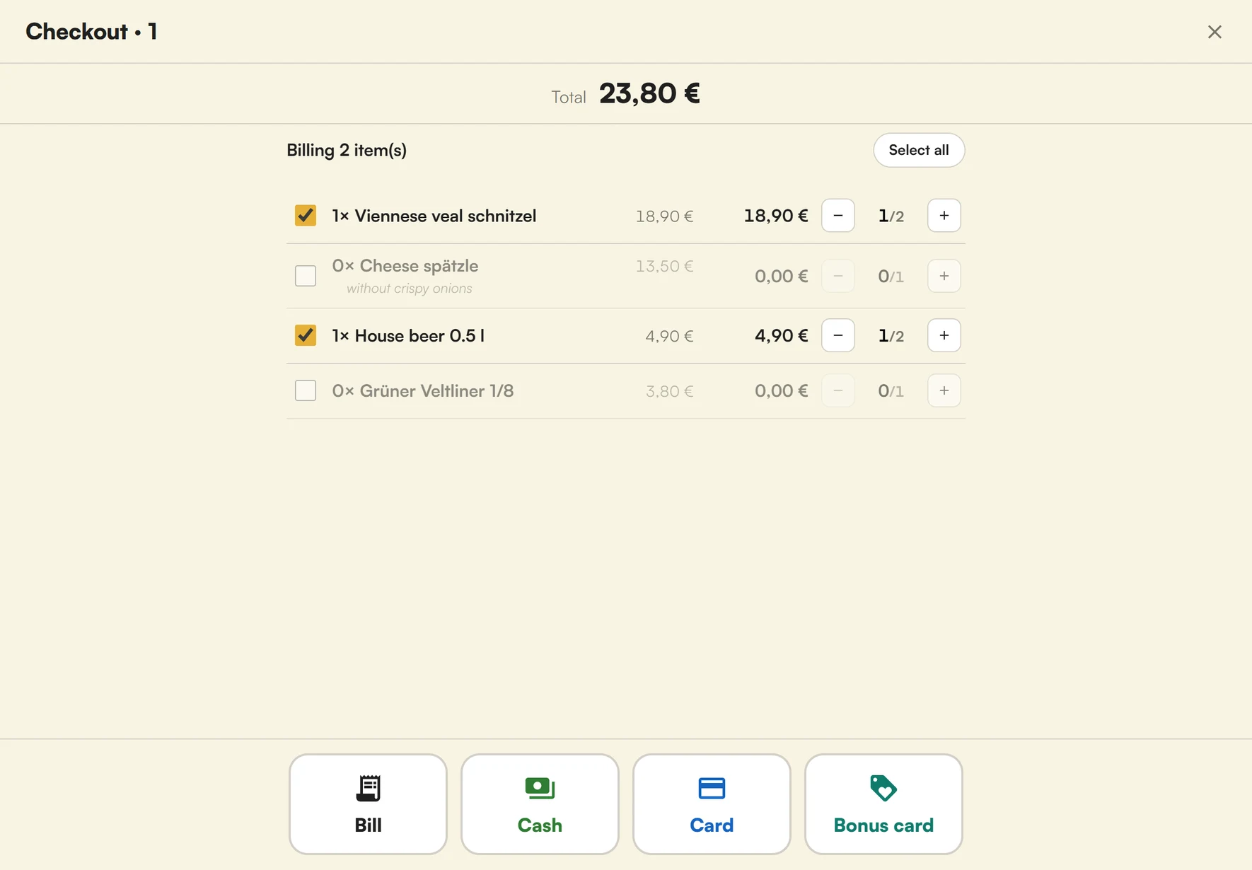 Checkout at table T1: one guest pays their share
