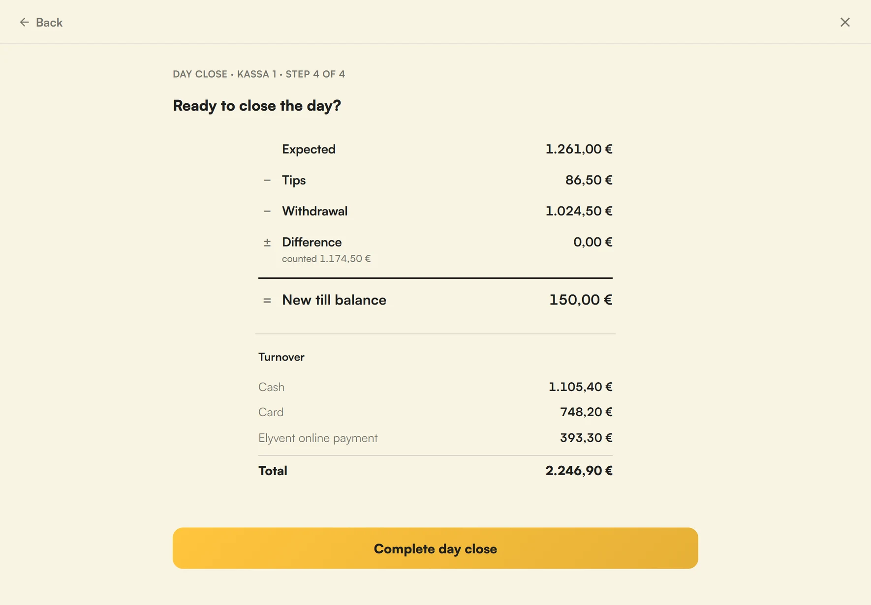 Day-end closing: summary before closing