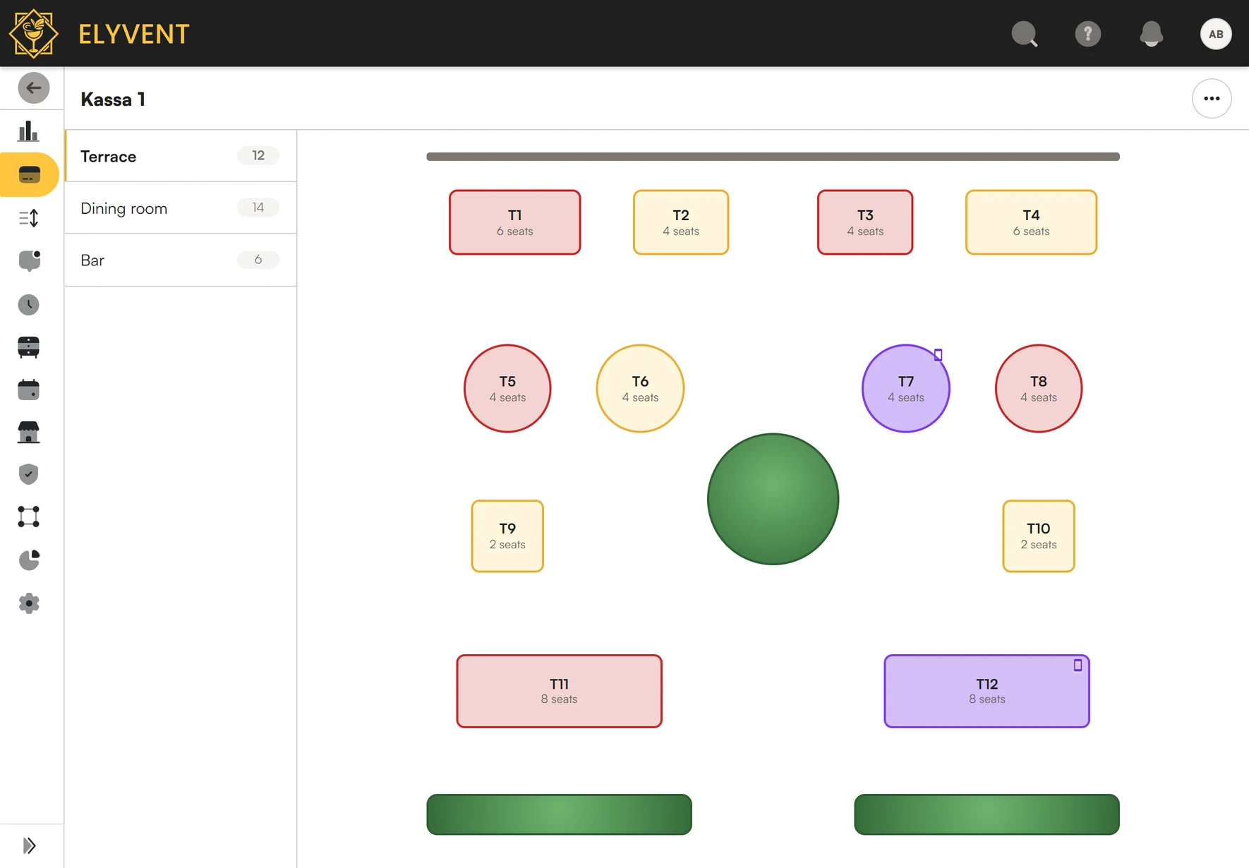 Elyvent POS floor plan: guests at tables T7 and T12 ordered via Elyvent Code