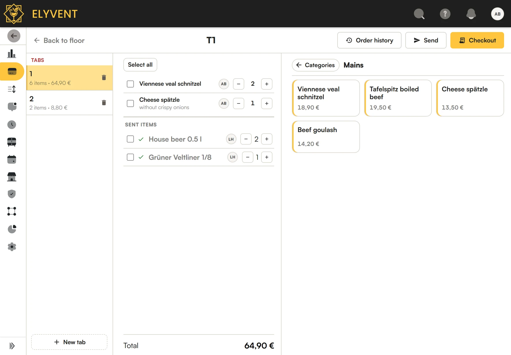 Elyvent POS: order at table T1 with tabs, items and menu
